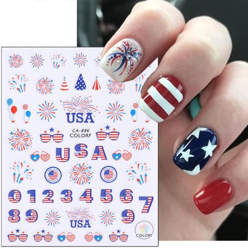 8Pcs 4th of July Nail Stickers USA Statue of Liberty Flag Star Fireworks Bow Nail Design Decals Patriotic Star Nail Art Stickers 3D Independence Day Nail Decals for Memorial Day DIY Nail Decoration