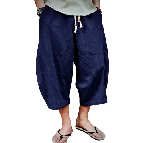 EKLENTSON Summer Pants for Men Yoga Pants Men Baggy Pants for Men Harem Capri Pants Cotton Beach Pants for Men, Navy Blue, 38