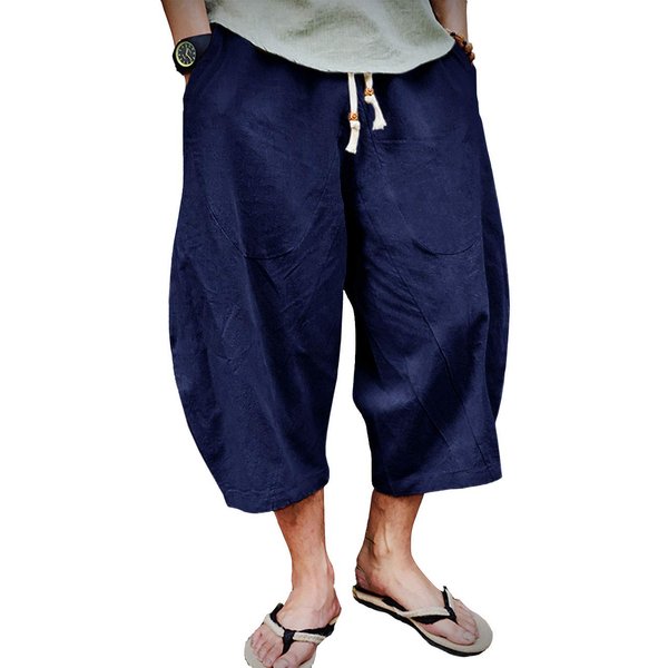 EKLENTSON Summer Pants for Men Yoga Pants Men Baggy Pants for Men Harem Capri Pants Cotton Beach Pants for Men, Navy Blue, 38