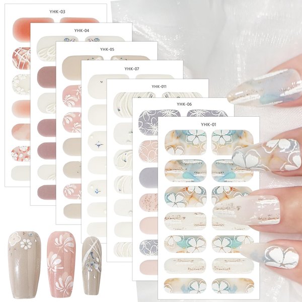 8 Sheets Spring Nail Wraps Stickers Decals Self-Adhesive White Flower Wing Star Nail Design Nail Polish Stickers with Nail File Floral Full Nail Wraps for Women DIY Manicure Nail Decoration Supply