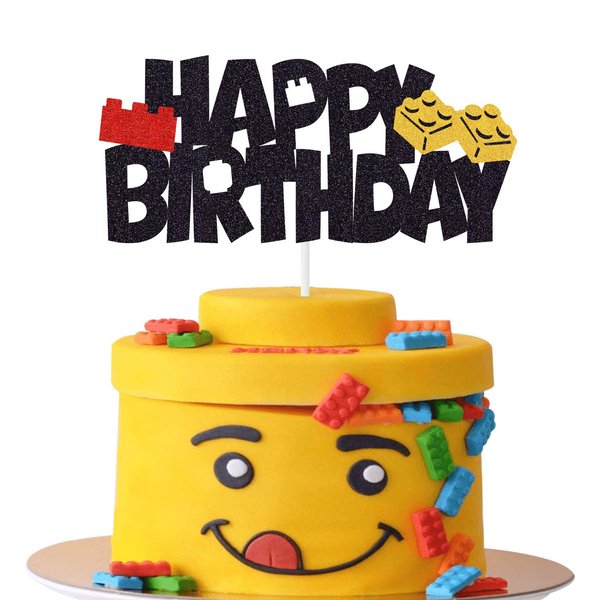 Building Blocks Cake Topper Glitter Happy Birthday Cake Decoration Color Building Brick Theme Birthday Baby Shower Party Supplies