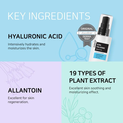 coxir ULTRA HYALURONIC EMULSION l Lightweight Korean Daily Face Moisturizer for Dry, Dehydrated Skin l Long-Lasting Hydration with Hyaluronic Acid, Collagen & Plant Complex 19 [100ml/3.38 fl.oz]