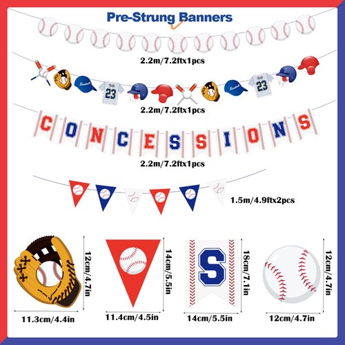 Homarkable Pre-strung Baseball Party Decorations with Concessions Banner, Baseball Party Supplies, Sports Themed Birthday Decorations with Baseball Triangle Bunting Pennant Flag