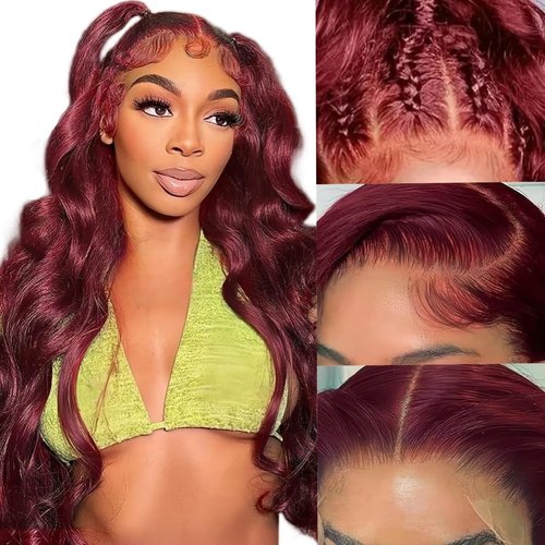 99J Burgundy Lace Front Wigs Human Hair Pre Plucked 13x4 HD Transparent Lace Front Wigs Human Hair Wine Red Colored Body Wave Human Hair Wig Pre Plucked with Baby Hair Glueless Wig 180% Density 26Inch