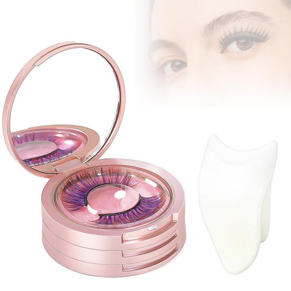 3 Layers Eyelash Storege Box with Mirror Circle Eyelash Holder Case with Lashes Trays & New Lash Clip Applicator Eye Makeup Tool for Women Girls Travel Case Pink