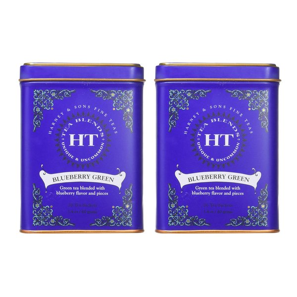 Harney & Son's Blueberry Green Tea Tin 20 Sachets (1.4 oz ea, Two Pack) - Green Tea Blend with Real Blueberry Flavor and Pieces (Hot or Iced) - 2 Pack 20ct Sachet Tins (40 Sachets)