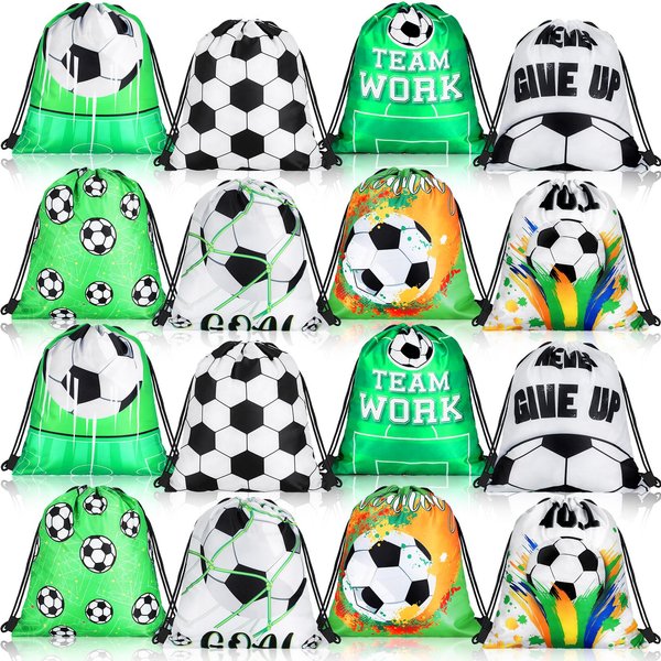 Boao 16 Pieces Soccer Goodie Bags Party Favors Soccer Drawstring Gift Snacks Bag Candy Treat Bag for Sports Birthday Supplies