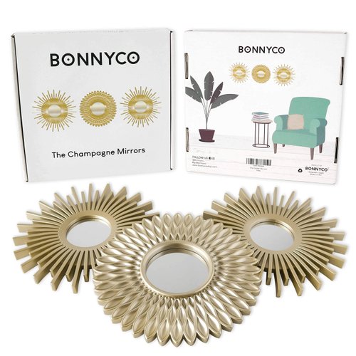 BONNYCO Gold Mirrors for Wall Pack of 3 Wall Mirrors for Room Decor & Home Decor | Champagne Gold Round Mirrors for Wall Decor | Circle Mirrors Modern Gifts for Women & Moms | Decorative Mirrors