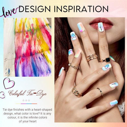 GLAMERMAID Press on Nails Medium Square, Colorful Tie Dye Glue on Gel Nails with Heart Design, 24Pcs Short Square Reusable UV Finish Fake Nails Acrylic False Nails Manicure Kits for Women Gifts