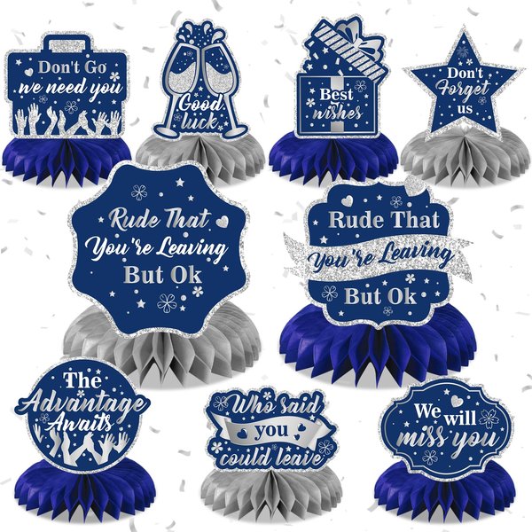 9Pcs Farewell Party Decorations Blue Silver Rude That You're Leaving But Ok Honeycomb Centerpieces We Will Miss You Table Topper Decor for Coworker Leaving Goodbye Going Away Retirement Party Supplies