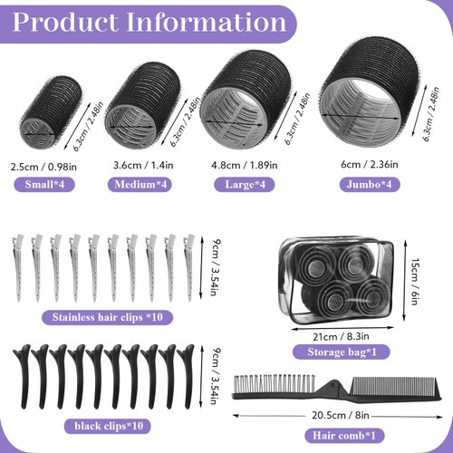 obeoby 4 Sizes Rollers Hair Curlers, 38 Pcs Set Jumbo Hair Rollers 25mm 36mm 48mm 60mm Self Grip Hair Rollers with Clips, Curlers for Long Hair Short Hair Hair Bangs, Black