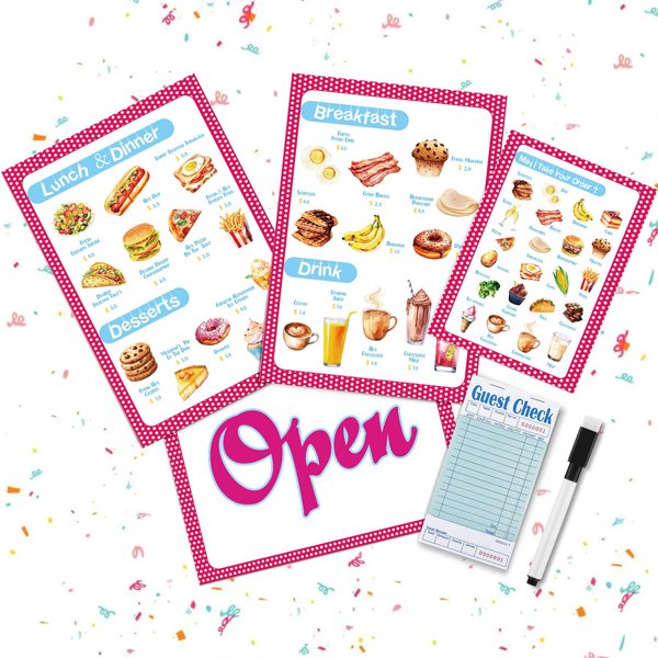 Yinkin 6 Pcs Play Restaurant for Kids Pretend Menu Play Restaurant Order Pads Erasable Pen Food Diner Playset for Kids Toddler Role Play Accessories
