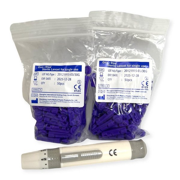 One Step Lancing Device & 100 x 30 Gauge Twist Top Lancets, Blood Sampling Pen, 5 Depth Settings, Diabetic Sugar Level Testing, Less Pain and Ejector