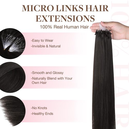 GOO GOO Micro Link Tip Hair Extensions Real Human Hair, 14inch 50g 50S, Cold Fusion Micro Link Tip Hair Extensions, Invisible Remy Hair Extensions, #1B Natural black