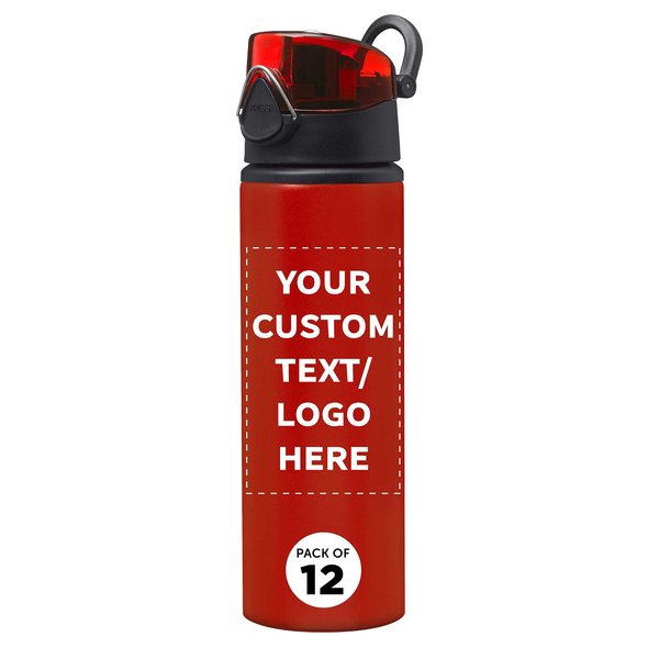 DISCOUNT PROMOS Custom Aluminum Water Bottles with Carabiner 25 oz. Set of 12, Personalized Bulk Pack - Refillable, Great for Gym, Hiking, Cycling, School - Red