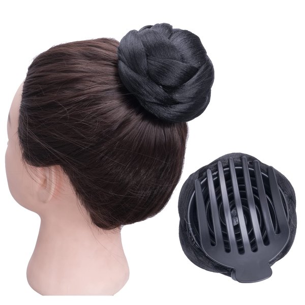 IMISSU Braided Chignon Dancer Hair Donut Hairpieces Scrunchie Claw Hair Bun Updo for Wedding Party (M1 Black)