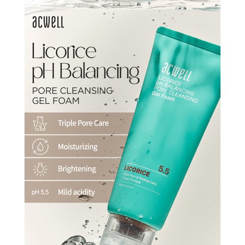 ACWELL Licorice pH Balancing Pore Cleansing Gel Foam - Gentle, Hypoallergenic Facial Cleanser for Clear, Smooth Skin, Deep Pore Cleaning with Licorice Extract, LHA, for All Skin Types, 5.4 fl.oz.