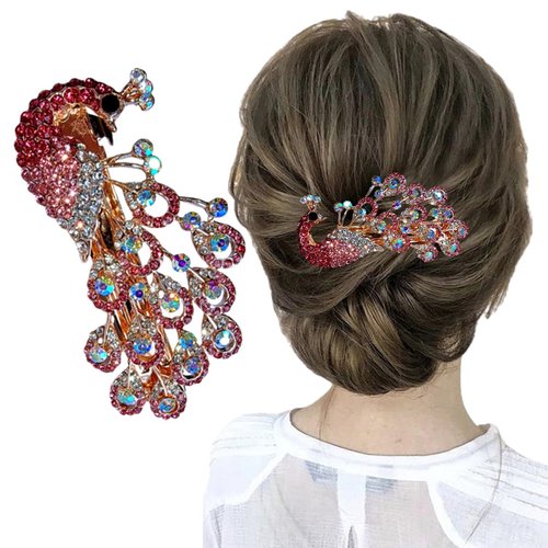 Yusier Peacock Rhinestone Hair Clip Decorative Hair Clips for Women Color Diamond Metal Hair Clip Women's Prom Hair Accessories Spring Clip Peacock Animal Shape Side Hairpin (Pink)