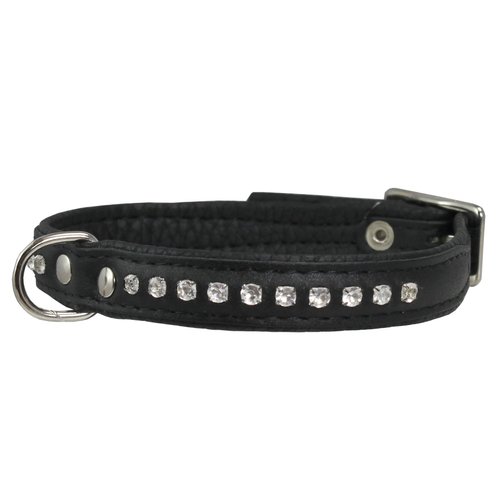 Dogs My Love Rhinestone Genuine Leather Dog Collar (Black, 11"-13.5" Neck)