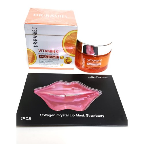 Dr Rashel Vitamin C Face Cream - Hyaluronic Acid , Anti Aging and Collagen Moisturizer - 1.76 oz + 1 Pcs of Collagen Crystal Lip Mask Strawberry