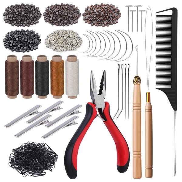 Fedmut Hair Extension Tools Kit, 5 Colors 1000Pcs Micro Silicone Rings Beads with Hair Extension Remove Pliers, Pulling Hook, Threads, Needle for Hair Extensions Hair Styling