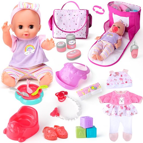 AuntyFey Baby Doll with Accessories Set, Baby Dolls Set for Toddler Girls 3-5 6-12, Toddler Baby Doll Set, Baby Doll Playset, Baby Dolls for 5 Year Old Girls, Baby Doll Toys Pretend Play Toy(Handbag)