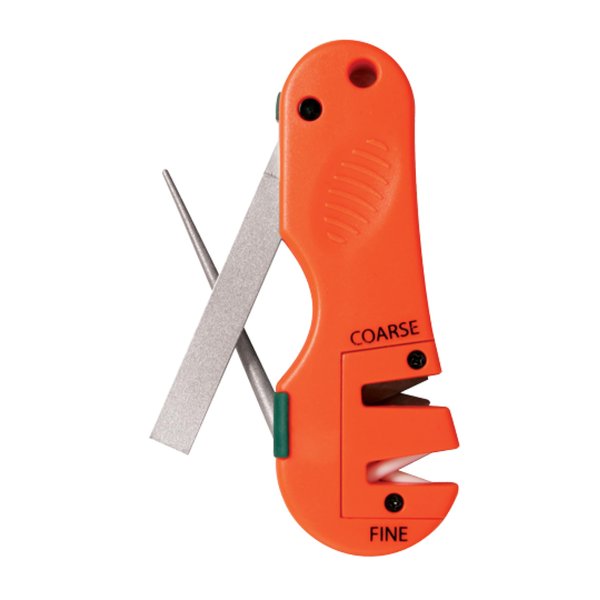 AccuSharp 4-in-1 Knife & Tool Sharpener, Coarse Tungsten Carbide Sharpening Blade & Ceramic Rod with Retractable Diamond-Tapered Rod for Knives, Fish Hooks & Tools, Orange