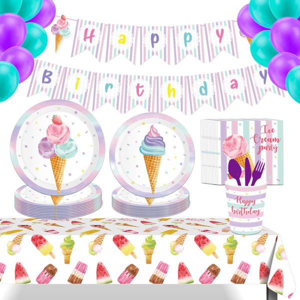 Ice Cream Party Supplies 138Pcs Ice Cream Themed Party Decorations Includes Party Plates, Banner, Tablecloth, Dinnerware,Napkins, Cups,Balloon for 16 Guest for Party,Birthday Party, Baby Shower