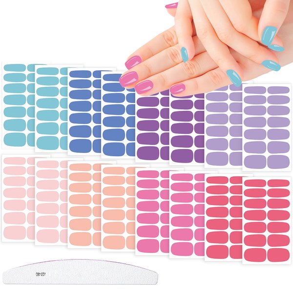 XEAOHESY 224 Pieces 16 Sheets Solid Macaron Color Nail Polish Strips with Nail File Self-Adhesive Nail Stickers Full Nail Wraps Nail Strips Nail Polish Stickers for Women Nails Art