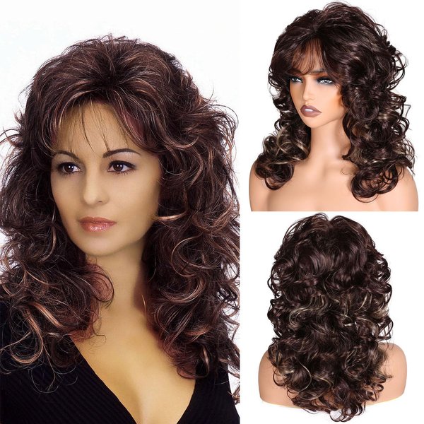 DDHAIR Long Curly Wavy Dark Brown Wigs with Bangs for Women Natural Looking Heat Resistant Synthetic Wigs