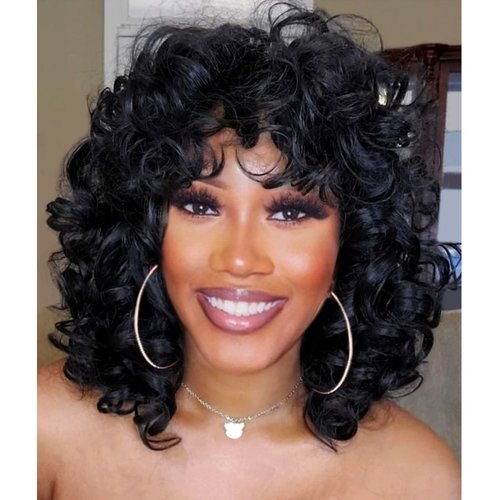 andromeda Curly Wigs for Black Women Soft Short Curly Wig with Bangs Afro Loose Curls Heat Resistant Synthetic Wig for African American Women (Black)
