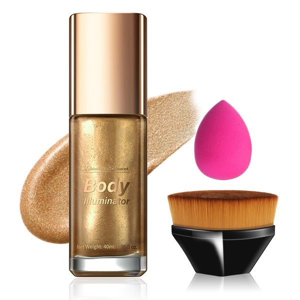 Body Luminizer Body Shimmer Oil Liquid Bronzer Body Glitter Oil Smooth Moisturizing Shimmer Body Lotion Long Lasting Liquid Highlighter with Makeup Brush (Glistening Bronze,40 ml)