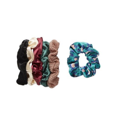 The Original Scrunchie® Six Days of Scrunchies Fashion Gift Set Includes 6 Unique Designs: Black Velvet, Emerald Satin, Animal Velvet, Burgundy Satin, Pink Metallic, White Satin in Presentation Box