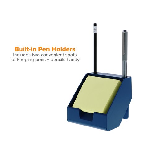 Bostitch Office Sticky Note Holder + Business Card Stand, Includes Pen Holders, Blue