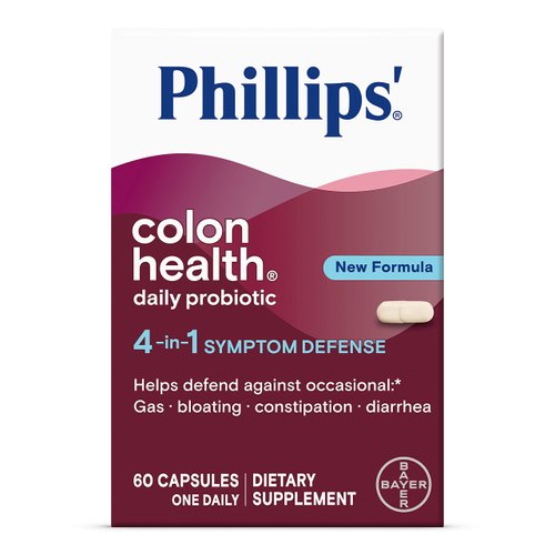 Phillips' Colon Health Daily Probiotic Capsules, 4-in-1 Symptom Defense to help defend against Occasional Gas, Bloating, Constipation, and Diarrhea, Daily Supplement, 60 Count