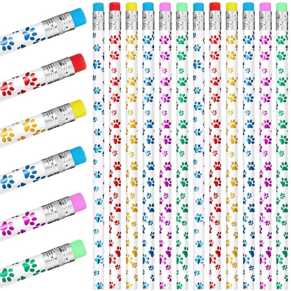 Chinco Paw Print Pencils Dog Paw Pencils Wooden Writing Novelty Pencils with Erasers for Kids Doggy Party Favors Welcome Back to School Party Supplies, 6 Colors(36 Pieces)