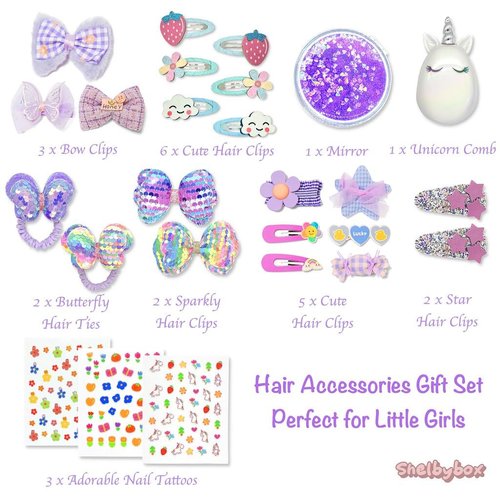 Hair Accessories Gift Set for Kids Purple Hair Clips Barrettes Ponytail Ties Bows Headbands with Mirror Unicorn Comb Gift Box for Daughter Teens Childs Little Girls