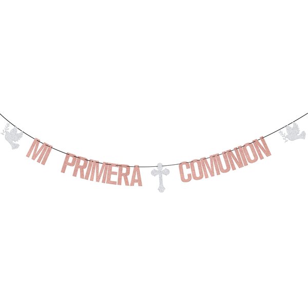 Rose Gold & Silver Glitter Mi Primera Comunión Banner, Primera Comunion Decoracion, First Holy Communion/God Bless This Child, Baptism Christening Theme Mi Bautizo Religious Baby Shower Party Supplies