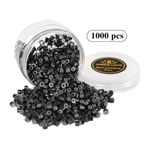Hair Extension Beads, Black Microlink Tinsel Beads, 5mm Silicon Beads for Hair Extensions (1000pcs Black)
