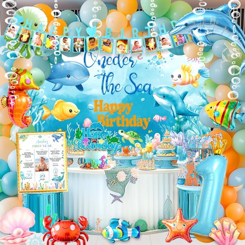 Under the Sea 1st Birthday Party Decorations, Oneder the Sea 1st Birthday Decorations Boy, Ocean Theme First Birthday Decorations, Backdrop Ocean Animal Balloons Garland Cake Topeer