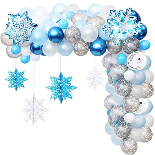 Skylety 76 Pieces Snowflake Balloon Garland Arch Kit Winter Decorations with Clear Silver Blue Paper Snowflake Decor and 100 Pieces Glue for Party