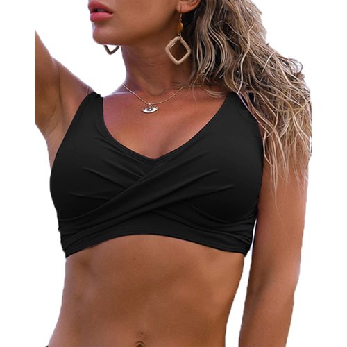 Fanuerg Women's Twist Front Bikini Top Bathing Suit V Neck Push Up Padded Swimsuit Top Bathing Suits Black L