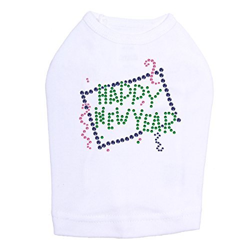 Happy New Year Confetti - Bling Rhinestone New Year Dog Shirt, L White