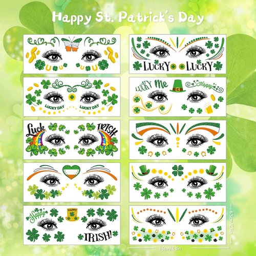 St.Patrick'S Day Face Temporary Tattoos,10 Sheets Shamrock Temporary Tattoo Stickers for Women Men in Party Favors Supplies Irish St Patricks Day Decorations Accessories