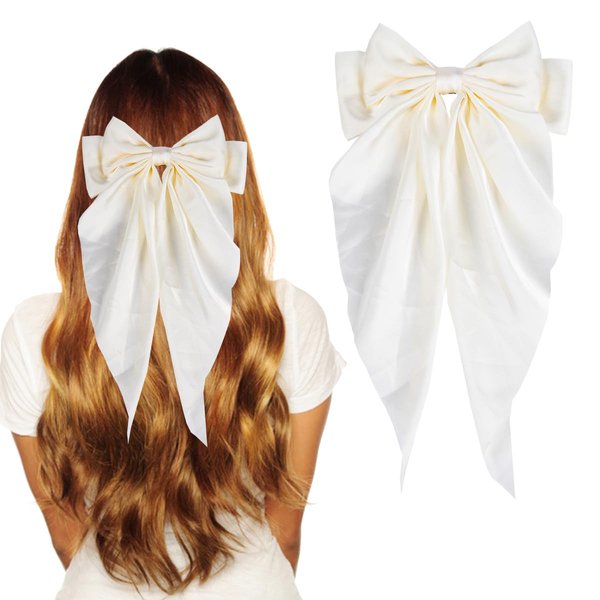 NYXXZ White Hair Bow for Women, 2 Pcs Silky Satin Hair Clips Big Bow Hair Clips for Girls, Ribbon Long Tail Bowknot Hair Clips, Lady Barrettes Hair Pins Accessories