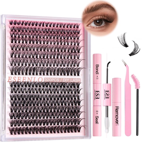 ESEENLO Lash Extension Kit, 320pcs DIY Eyelash Extension Kit 9-16mm Mix, 30D 40D Curl Individual Lash Clusters with Bond, Seal, Remover and Tweezers