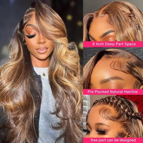 Yeeaak 13x6 Lace Front Wigs Human Hair 13x6 Highlight Ombre Body Wave HD Lace Frontal Wig for Women Pre Plucked With Baby Hair 180% Density Glueless Brown Honey Blonde Wig 4/27 Color 26Inch