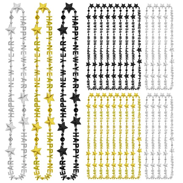 48PCS New Years Necklace, 3 Kinds New Years Eve Bead Necklaces Party Supplies 2025 Bulk, HAPPY NEW YEAR Star Necklace Accessories, Black Gold Silver Bead Necklace 2025 for New Year Party Decorations