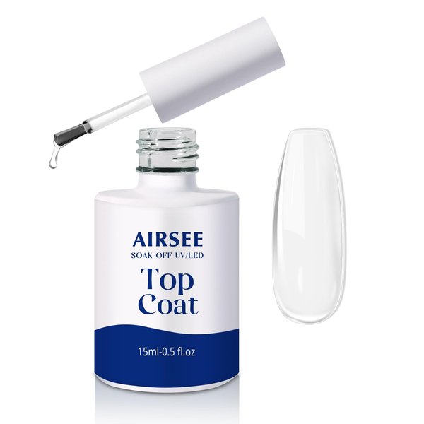 AIRSEE Gel Top Coat Nail Polish - 15ml No Wipe,Long Lasting Stain Resistant，Clear UV Glitter High Gloss Shiny Gel for Home DIY and Nail Salon