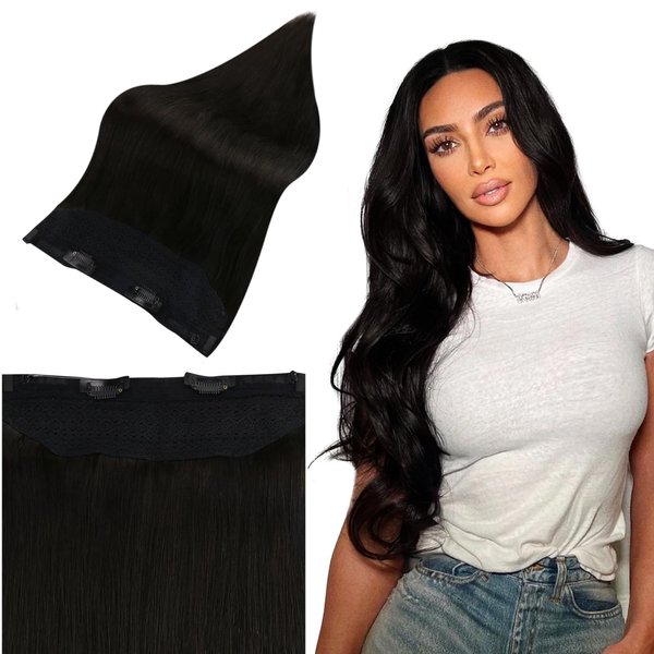 Full Shine Wire Hair Extensions Real Human Hair Black Human Hair Wire Hair Extensions with Transparent Headband Black Invisible Wire Human Hair Extensions 18 inch 80g